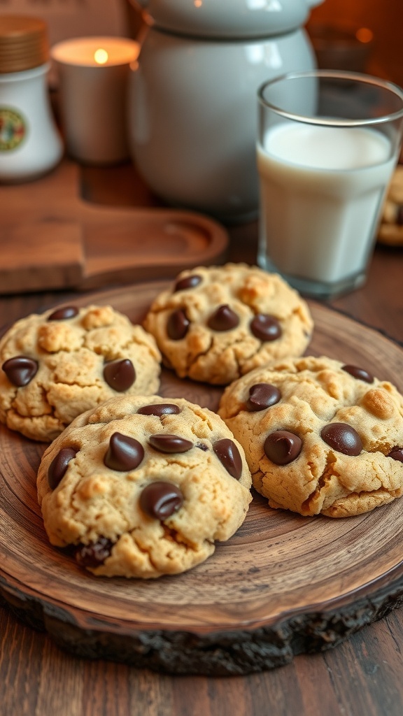 Four golden crumble cookies with chocolate chips on a wooden plate next to a glass of milk.